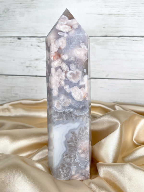 Flower Agate with Quartz Tower