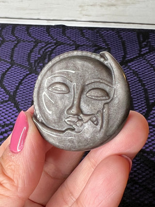 Silver Sheen Obsidian Sun/Moon Face Carving